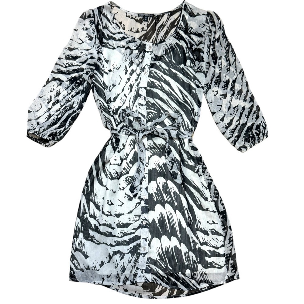 Express Women Black Off White Mini Dress Scoop Neck Belted Tie Waist Buttons XS